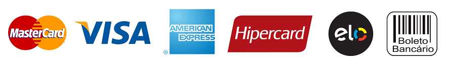 Mastercard, Visa, American Express, Hipercard, Elo e boleto bancário