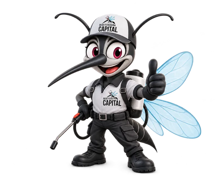 Mascote da Dedetizadora Capital com polegar erguido
